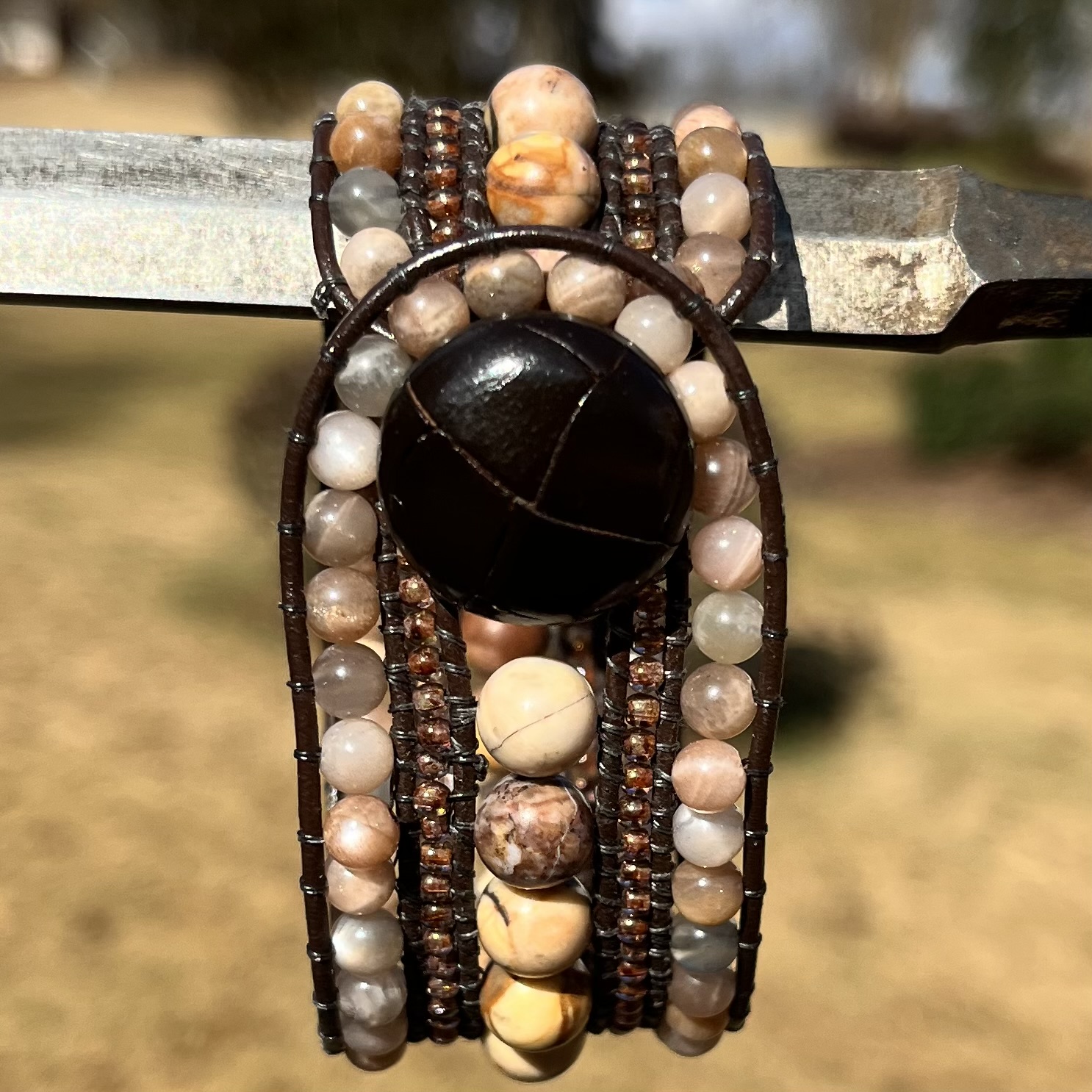 Georgia Peach Leather & Gemstone Cuff Bracelet - Image 3