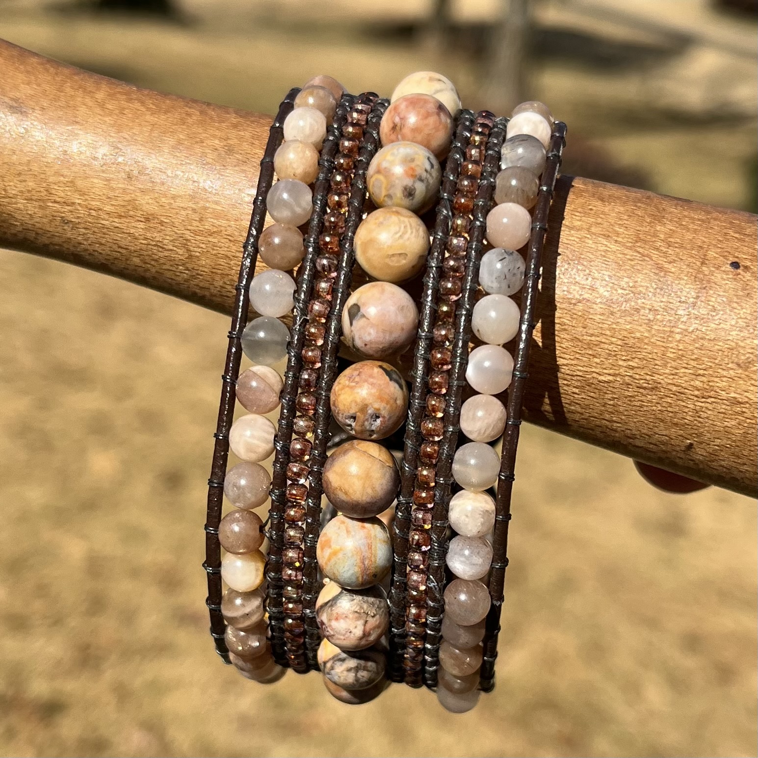 Georgia Peach Leather & Gemstone Cuff Bracelet