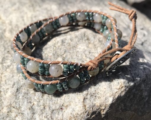 Spring Ivy, Leather and Gemstone Double Wrap Bracelet - Image 4