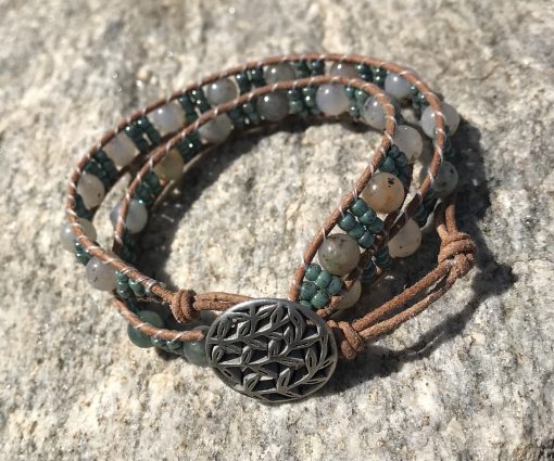 Spring Ivy, Leather and Gemstone Double Wrap Bracelet - Image 2