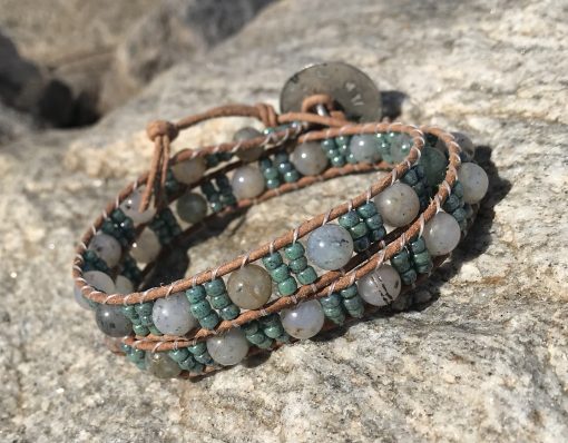 Spring Ivy, Leather and Gemstone Double Wrap Bracelet - Image 3