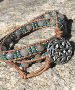 Spring Ivy, Leather and Gemstone Double Wrap Bracelet