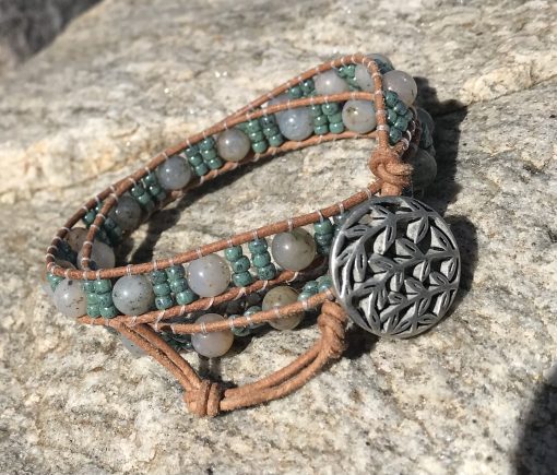 Spring Ivy, Leather and Gemstone Double Wrap Bracelet