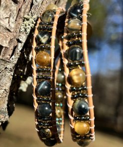 Golden Tiger, Leather and Gemstone Double Wrap Bracelet
