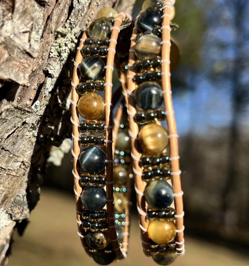 Golden Tiger, Leather and Gemstone Double Wrap Bracelet