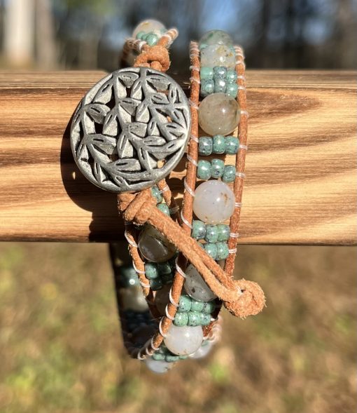 Spring Ivy, Leather and Gemstone Double Wrap Bracelet