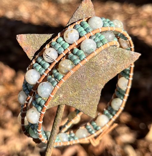 Spring Ivy, Leather and Gemstone Double Wrap Bracelet - Image 2