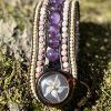 Passion Flower Leather and Gemstone Cuff Bracelet
