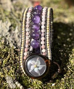 Passion Flower Leather and Gemstone Cuff Bracelet