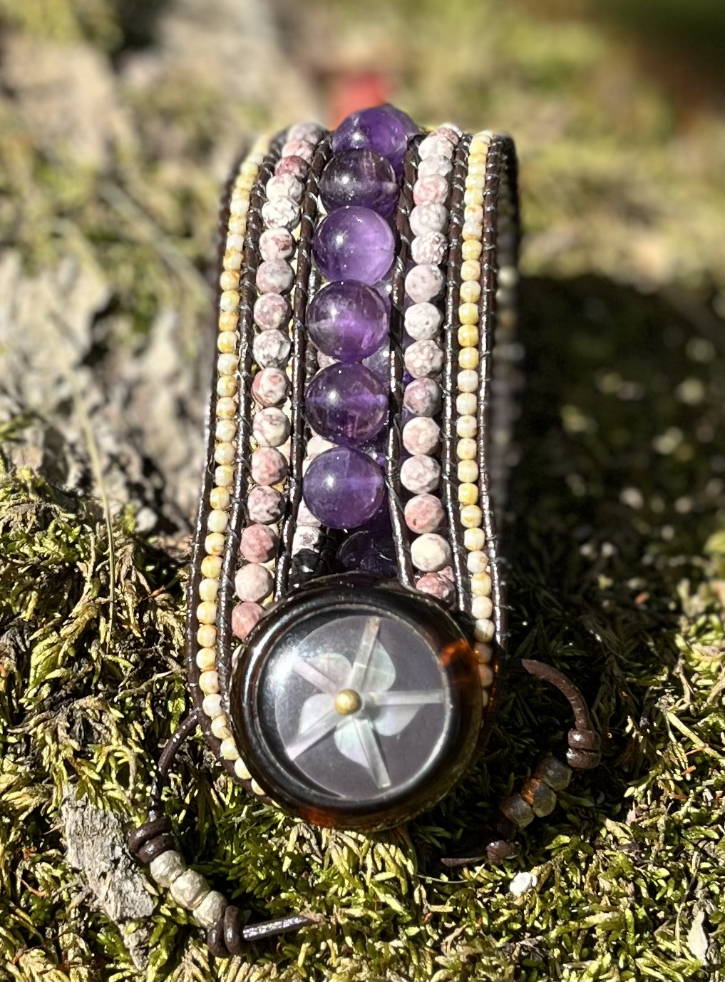 Passion Flower Leather and Gemstone Cuff Bracelet