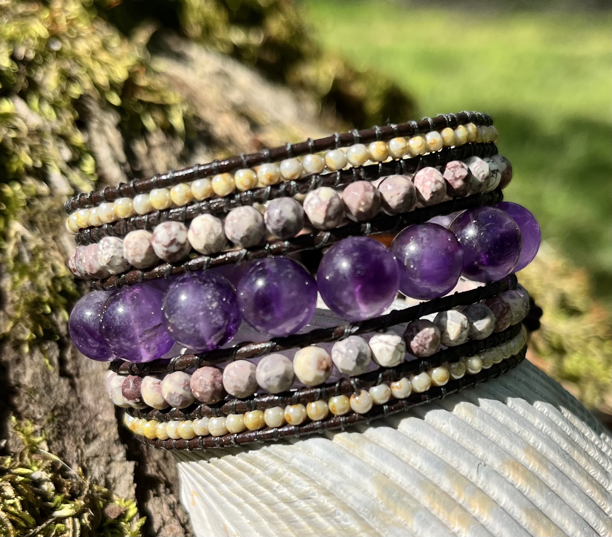 Passion Flower Leather and Gemstone Cuff Bracelet - Image 2