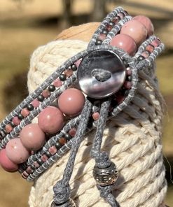 Himalayan Rose, Leather & Gemstone Cuff Bracelet