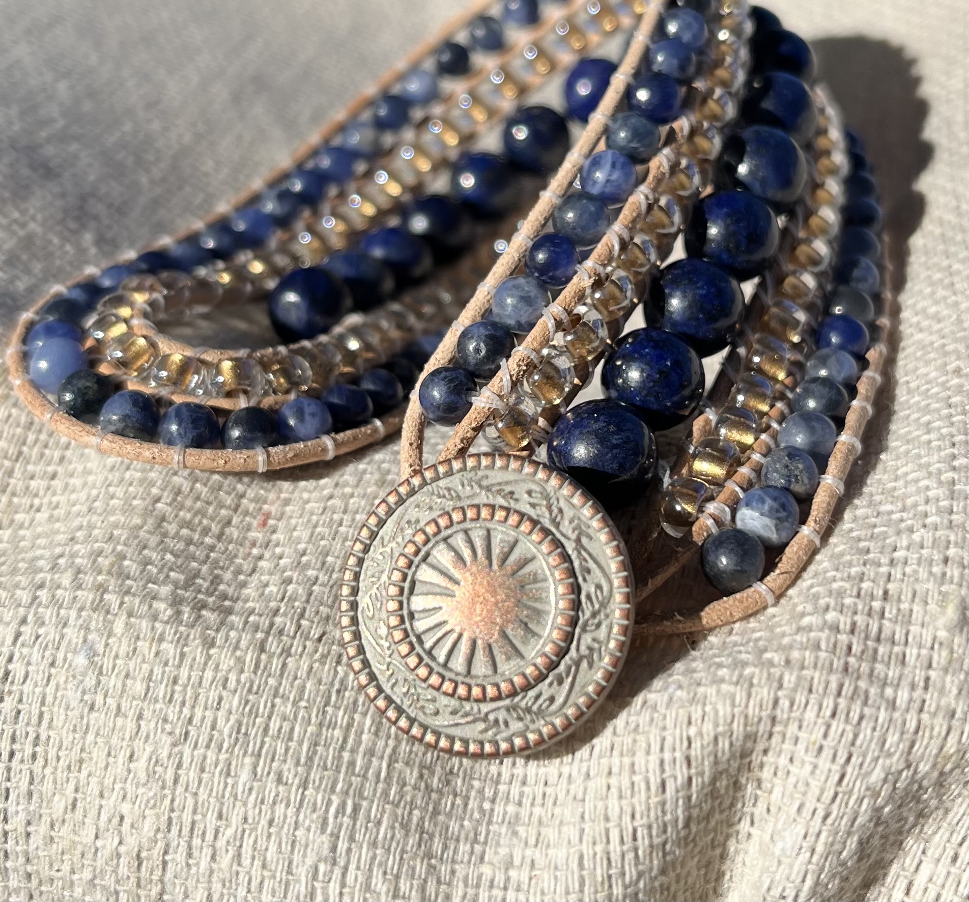 Lavish Lapis, Leather & Gemstone Cuff Bracelet - Image 2