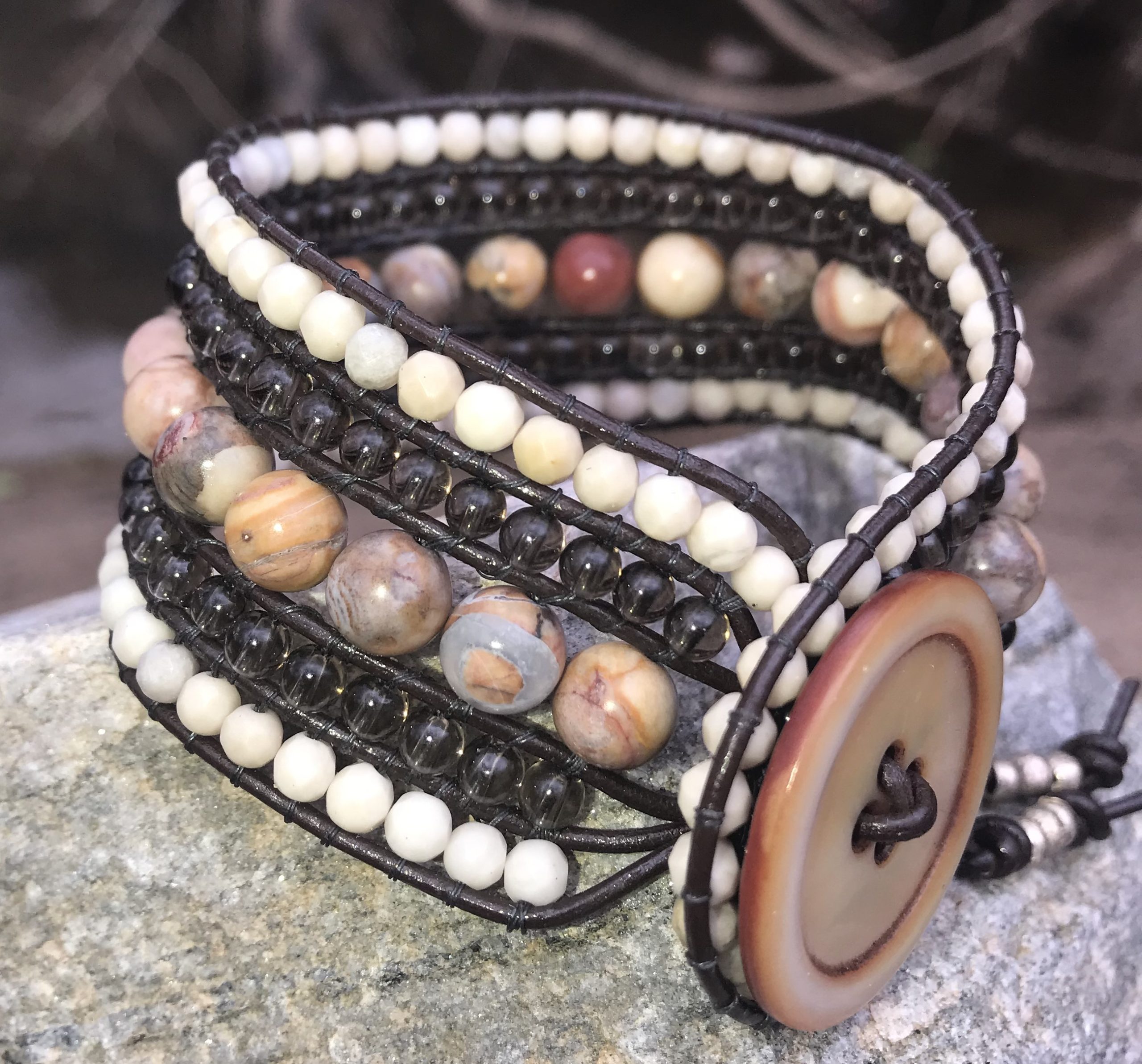 River Stone Leather & Gemstone Cuff Bracelet - Image 2