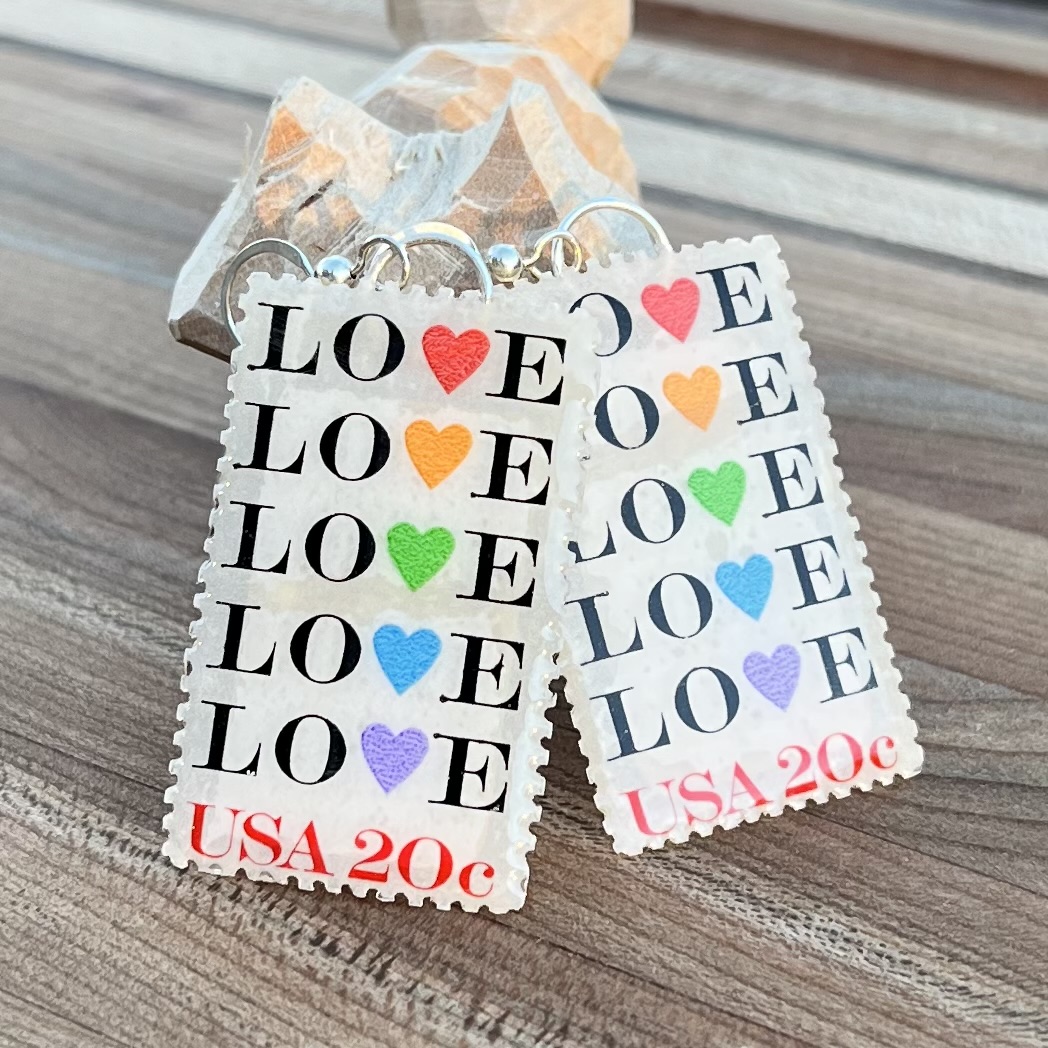 LOVE, LOVE, LOVE, U.S.A., 1984 Postage Stamp Earrings